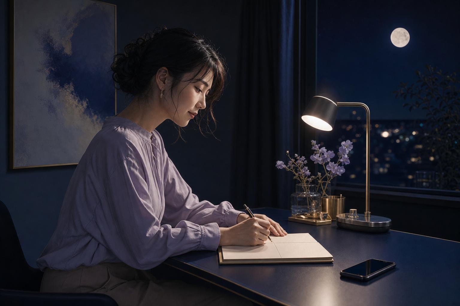 夜の机で気持ちと事実を書き分ける女性