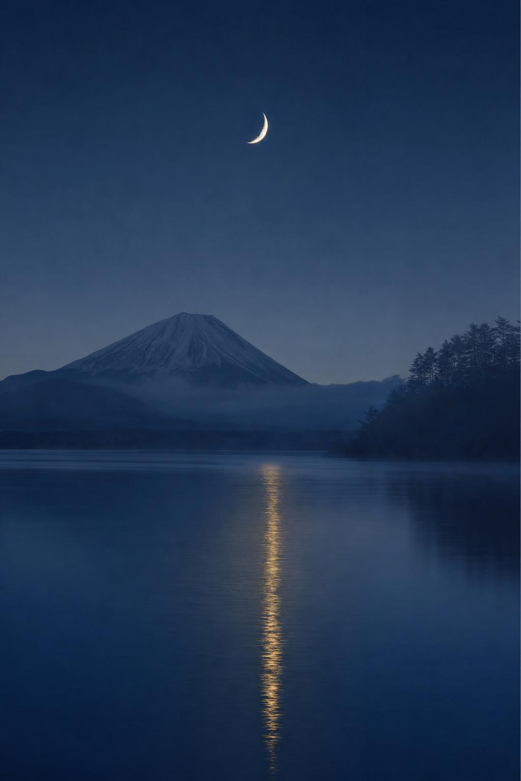月が映る静かな湖