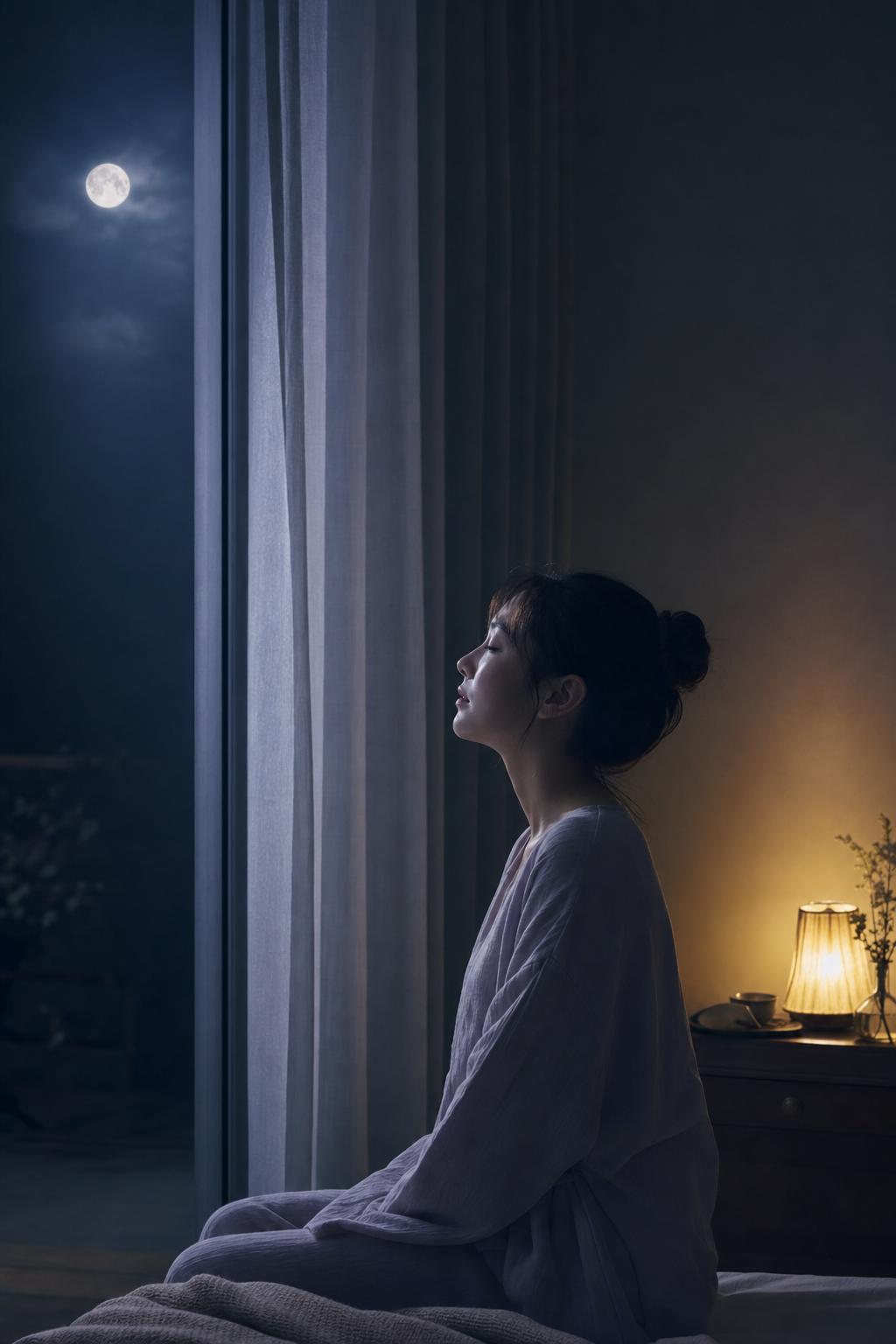 月明かりの窓辺で深呼吸する女性