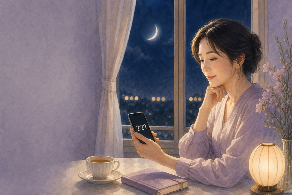 時計に2時22分と表示されたスマートフォンを見ながら、片思いについて静かに考える女性