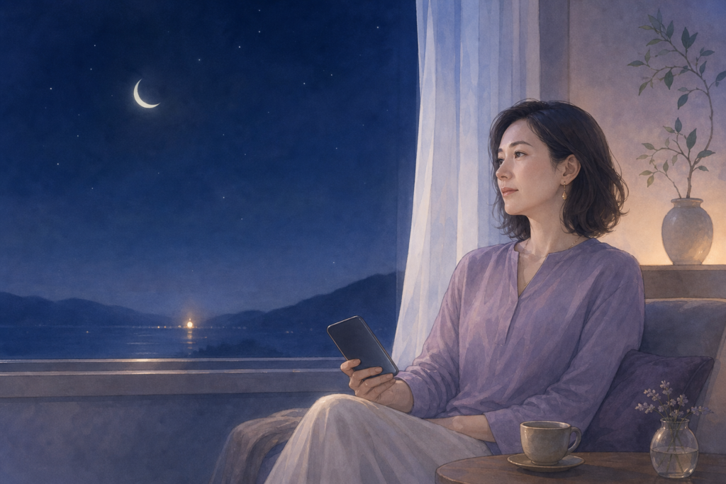 月夜の窓辺でスマートフォンを手に、自分の気持ちと向き合う女性