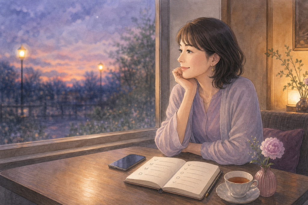 片思いの相手の気持ちについて、スマートフォンとノートを前に落ち着いて考える女性